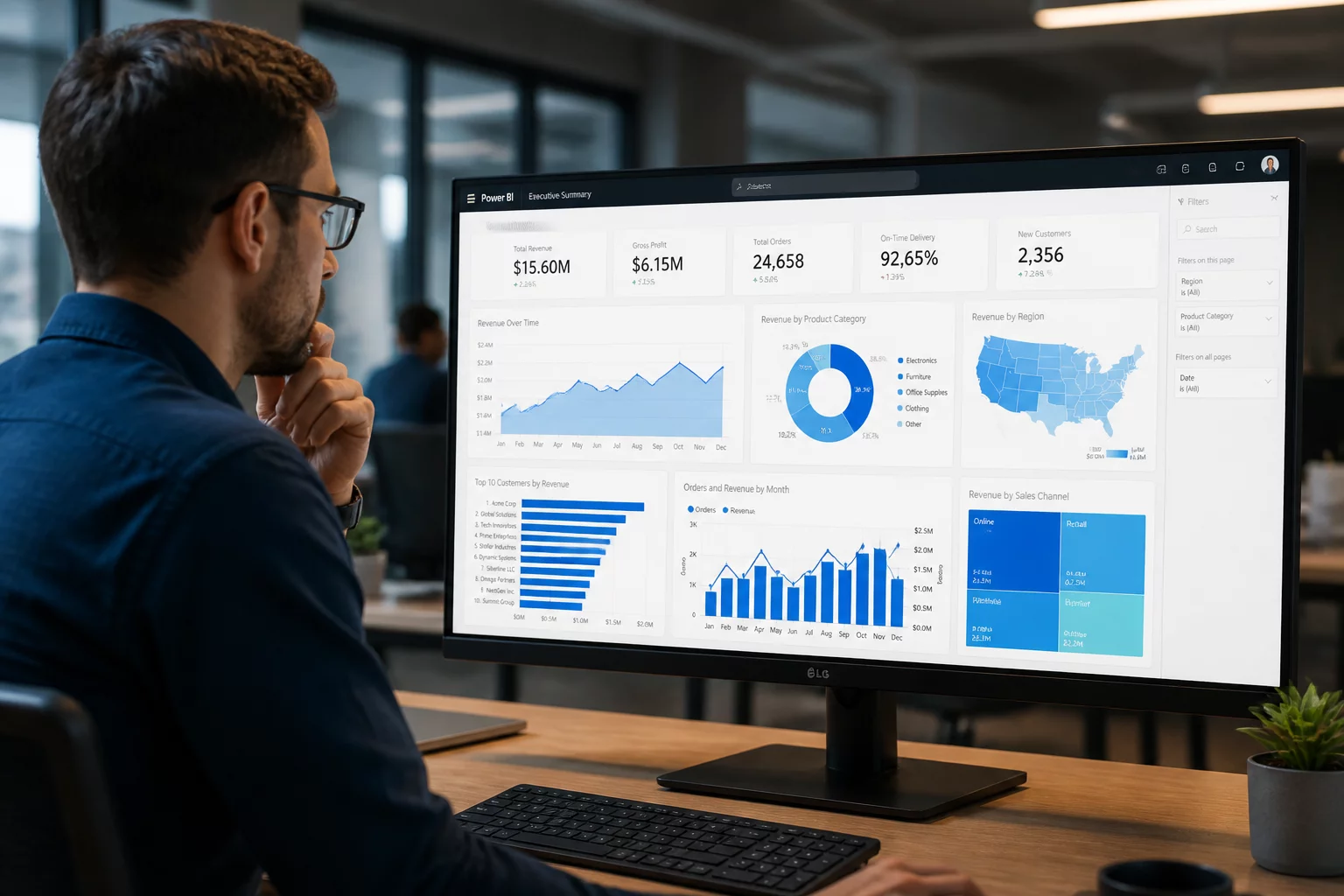 Professional analyzing Power BI dashboard metrics